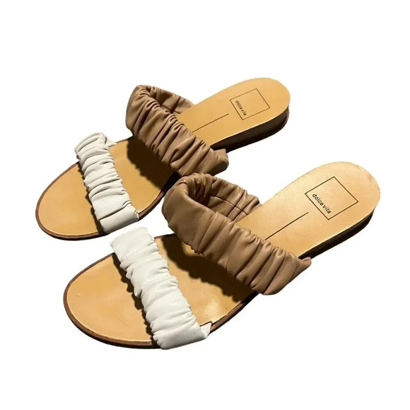 Dolce Vita Ruched Two-Tone Strap Flat Slide Sandals Brown White Womens Size 9 - Picture 1 of 5